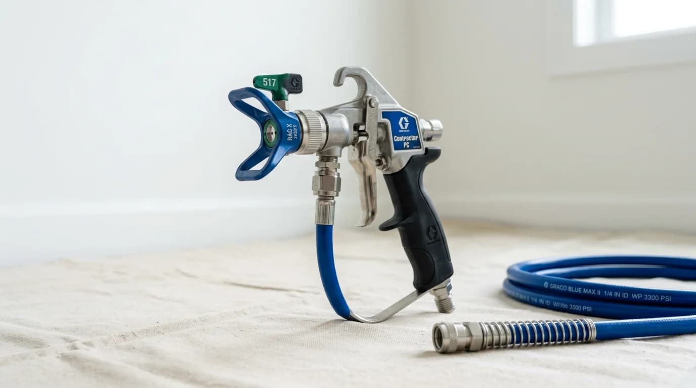 בחירת דיזה לאיירלס לקירות פנים - Power-Tools איזו דיזה לאיירלס מתאימה לצביעת קירות פנים - אקדח איירלס עם דיזה 517 ירוקה מ-Power-Tools