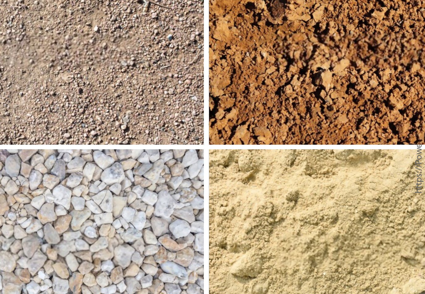 סוגי אדמה ומצע שונים להידוק - חצץ, עפר, חול, ומספר סוגי אדמה עם חלקיקים בגדלים שונים