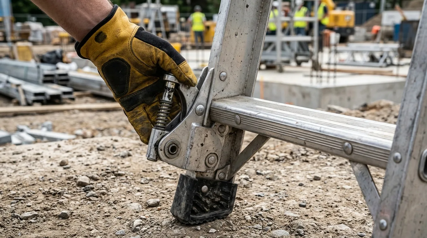 בדיקת בטיחות מכנית לסולם אלומיניום - Power-Tools בדיקת תקינות סולם לפני שימוש - בדיקת בריחי נעילה, רגליות גומי ושלבים בסולם אלומיניום מקצועי מ-Power-Tools