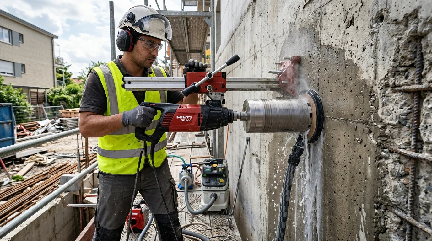 קידוח מעבר עגול ומדויק בבטון מזוין לצנרת מזגן באמצעות כוס יהלום - Power-Tools קידוח כוס יהלום בבטון לצנרת מזגן - מקדחת יהלום מקצועית עם טבעת שאיבה מ-Power-Tools
