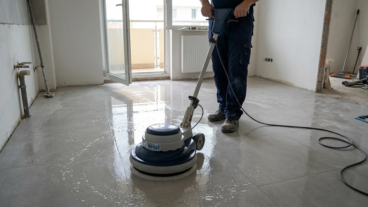 הפעלת מכונת פוליש על ריצוף בדירה מכונת פוליש חד-דיסקית 17 אינץ בפעולת קרצוף עם מים וחומר ניקוי על ריצוף בדירת מגורים בשיפוץ