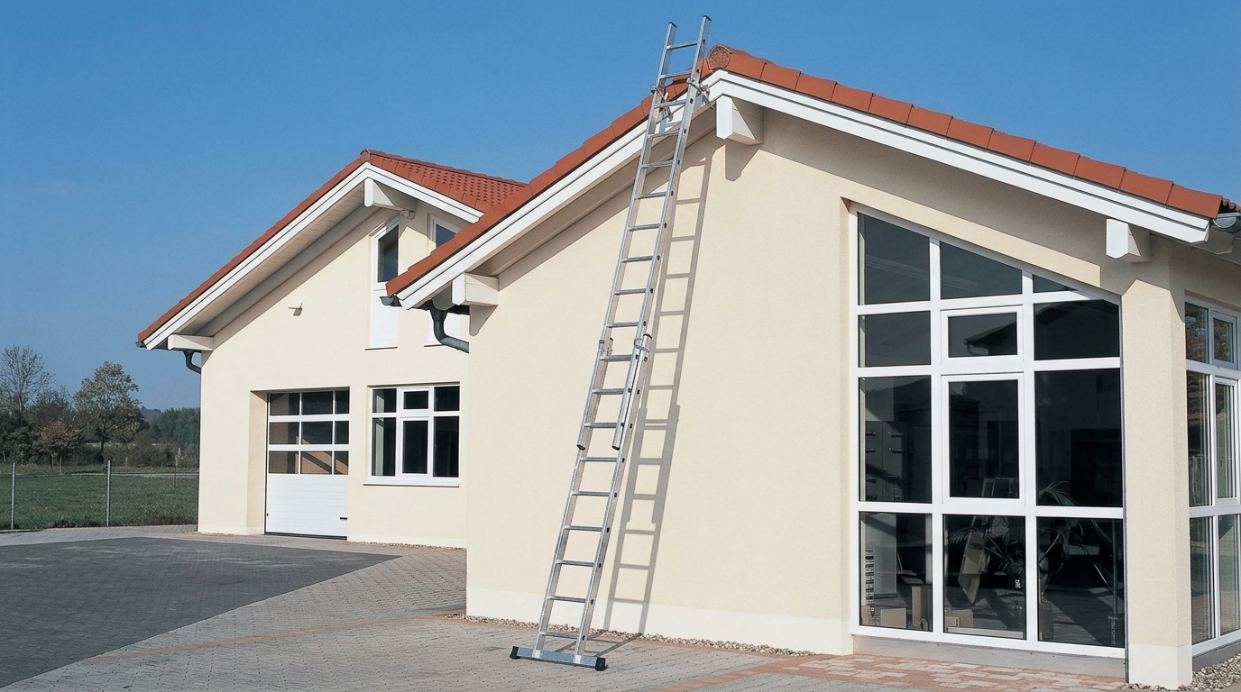 הצבת סולם נשען בזווית תקנית 1:4 - Power-Tools סולם שחיל להשכרה - סולם נשען לעבודות גגות ומרזבים מ-Power-Tools